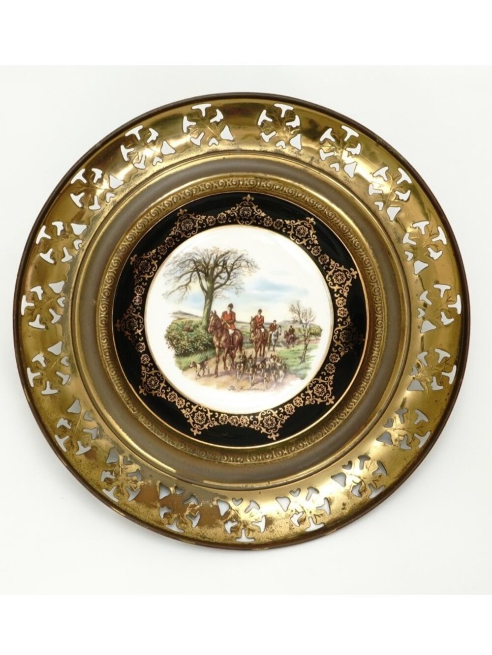 Vintage Regency Wall Plate Equestrian Huntsman Scene Brass Border England